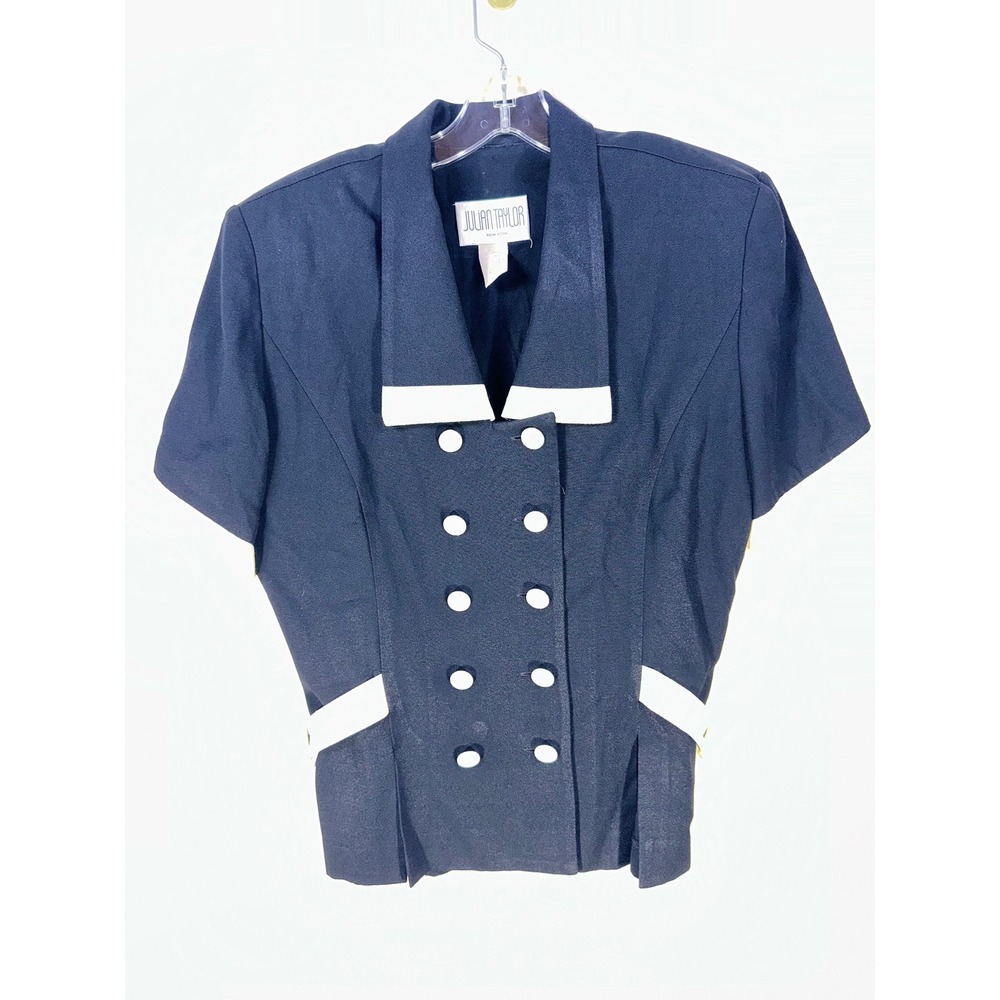 Julian Taylor Vintage Navy Blue Nautical Skirt Suit Set White Trim Double Breast